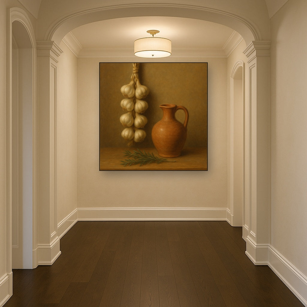 Tuscan Garlic Braid & Terracotta Cruet No. 6 Oil Painting Staged in Bright Entryway and Hallway Gallery Wall, Hand Painted Fine Art on Linen