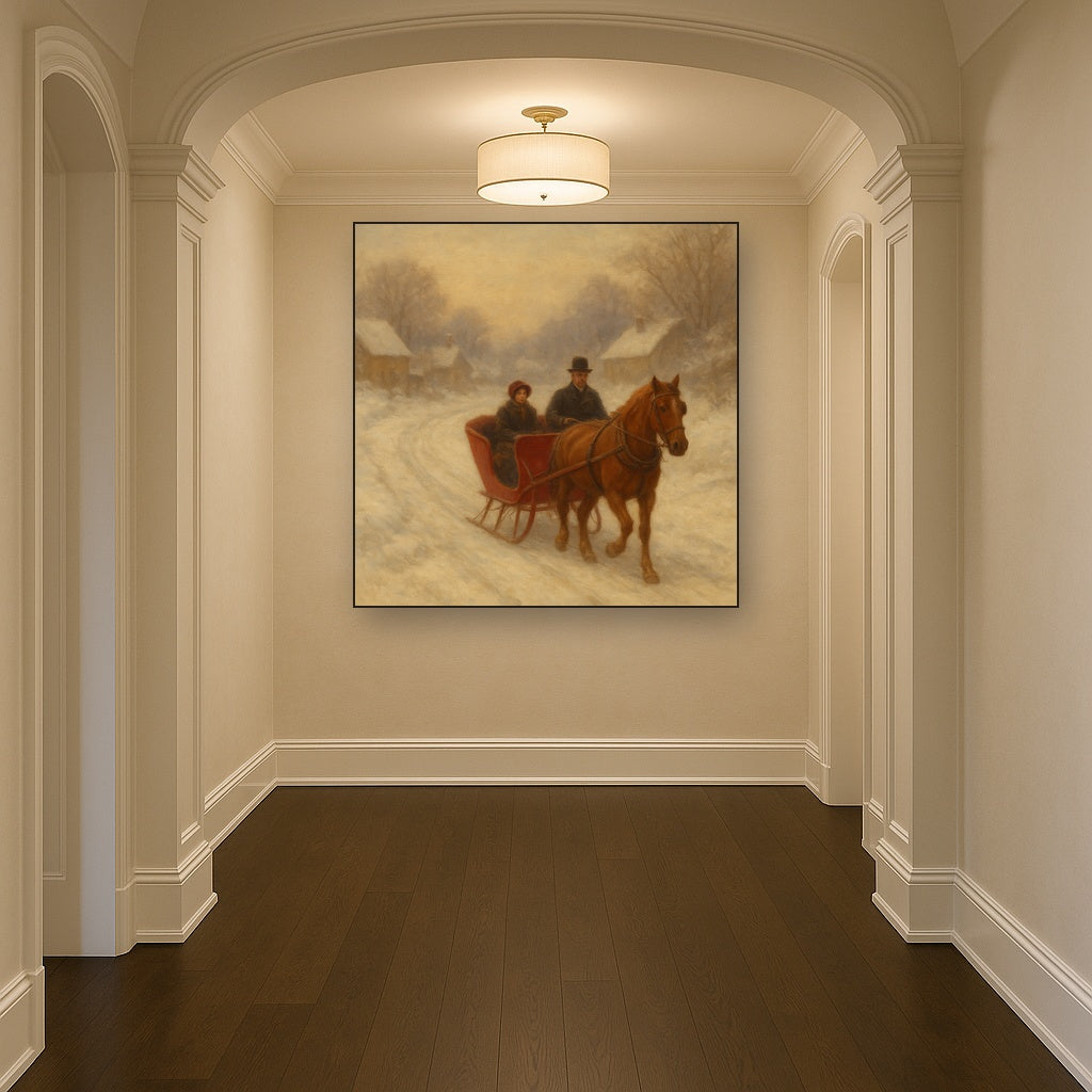 Horse-Drawn Sleigh on Village Snow Road No. 10 Oil Painting - View 5