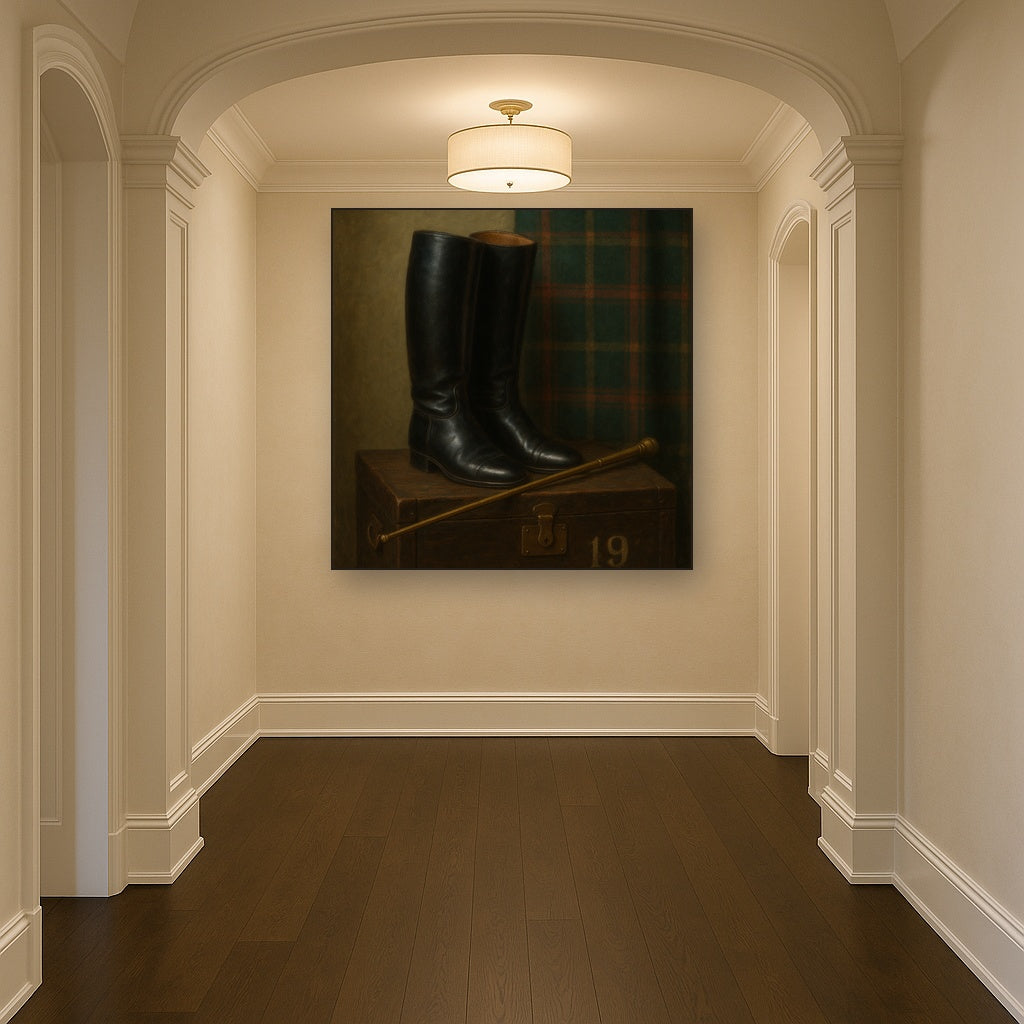 Vintage Riding Boots & Brass Crop on Trunk No. 19 Oil Painting - View 5