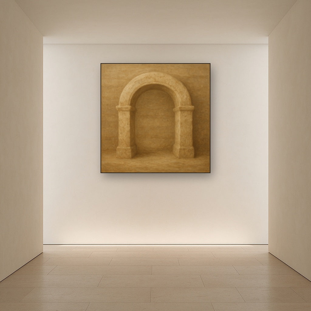 Travertine Stone Arch & Earth Tones No. 27 Oil Painting Staged in Bright Entryway and Hallway Gallery Wall, Hand Painted Fine Art on Linen