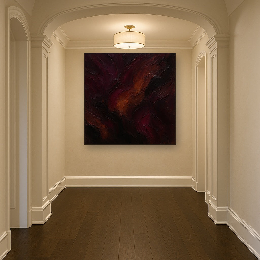 Rich Burgundy Plum & Velvet Amber No. 3 Oil Painting Staged in Bright Entryway and Hallway Gallery Wall, Hand Painted Fine Art on Linen