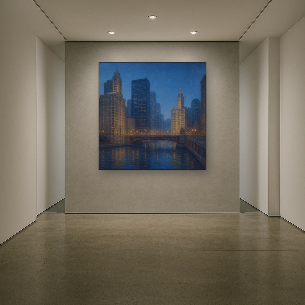 Chicago Riverfront Architecture at Blue Hour No. 14 Oil Painting - View 5