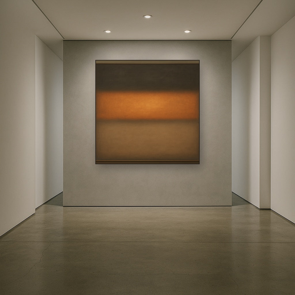Charcoal Slate & Burnished Copper Horizon No. 8 Oil Painting Staged in Bright Entryway and Hallway Gallery Wall, Hand Painted Fine Art on Linen
