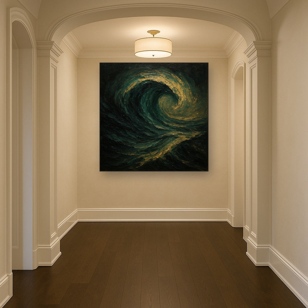 Deep Emerald & Obsidian Swell Oil Painting - Styled in Entryway Hallway