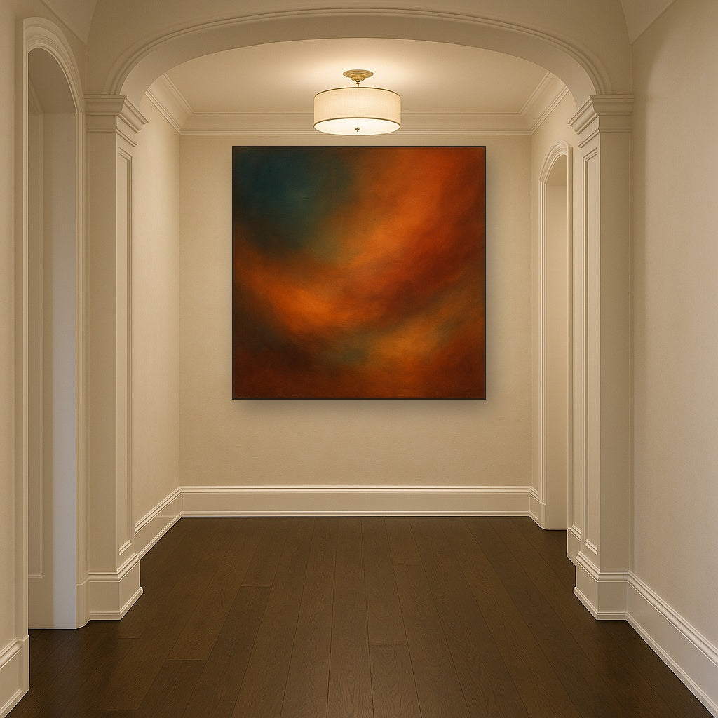 Deep Topaz & Spiced Terracotta Glow No. 4 Oil Painting Staged in Bright Entryway and Hallway Gallery Wall, Hand Painted Fine Art on Linen