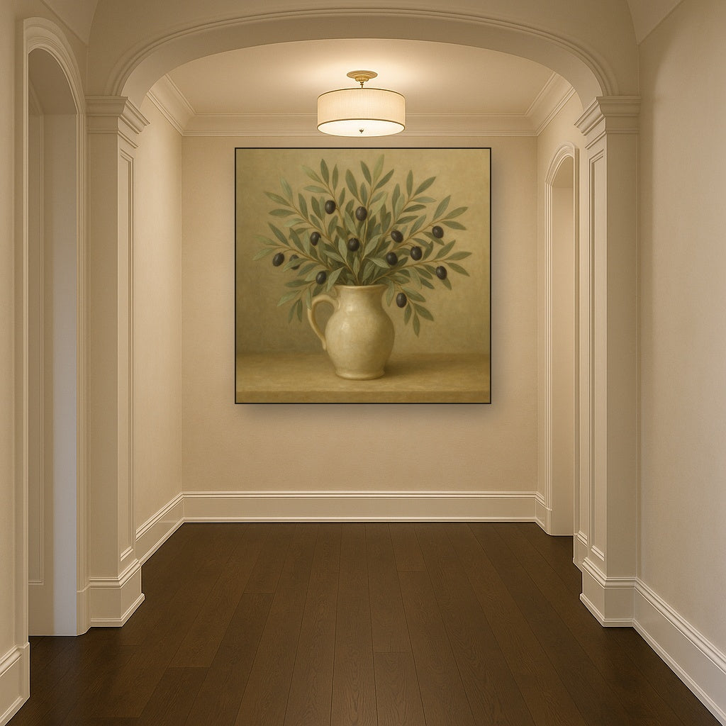 Wild Olive Sprigs in Stoneware Pitcher No. 4 Oil Painting Staged in Bright Entryway and Hallway Gallery Wall, Hand Painted Fine Art on Linen