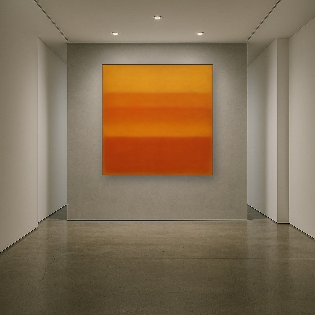 Luminous Ochre & Terracotta Horizon Color Field No. 5 Oil Painting Staged in Bright Entryway and Hallway Gallery Wall, Hand Painted Fine Art on Linen