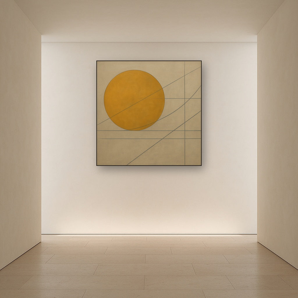 Abstract Tangent Lines & Earthy Ochre Disc No. 23 Oil Painting Staged in Bright Entryway and Hallway Gallery Wall, Hand Painted Fine Art on Linen