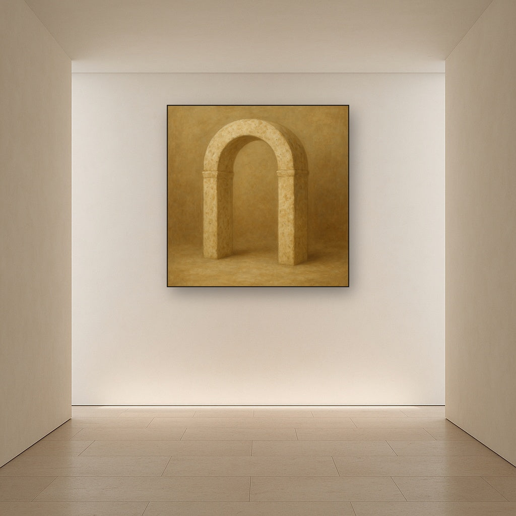 Travertine Stone Arch & Earth Tones No. 14 Oil Painting Staged in Bright Entryway and Hallway Gallery Wall, Hand Painted Fine Art on Linen