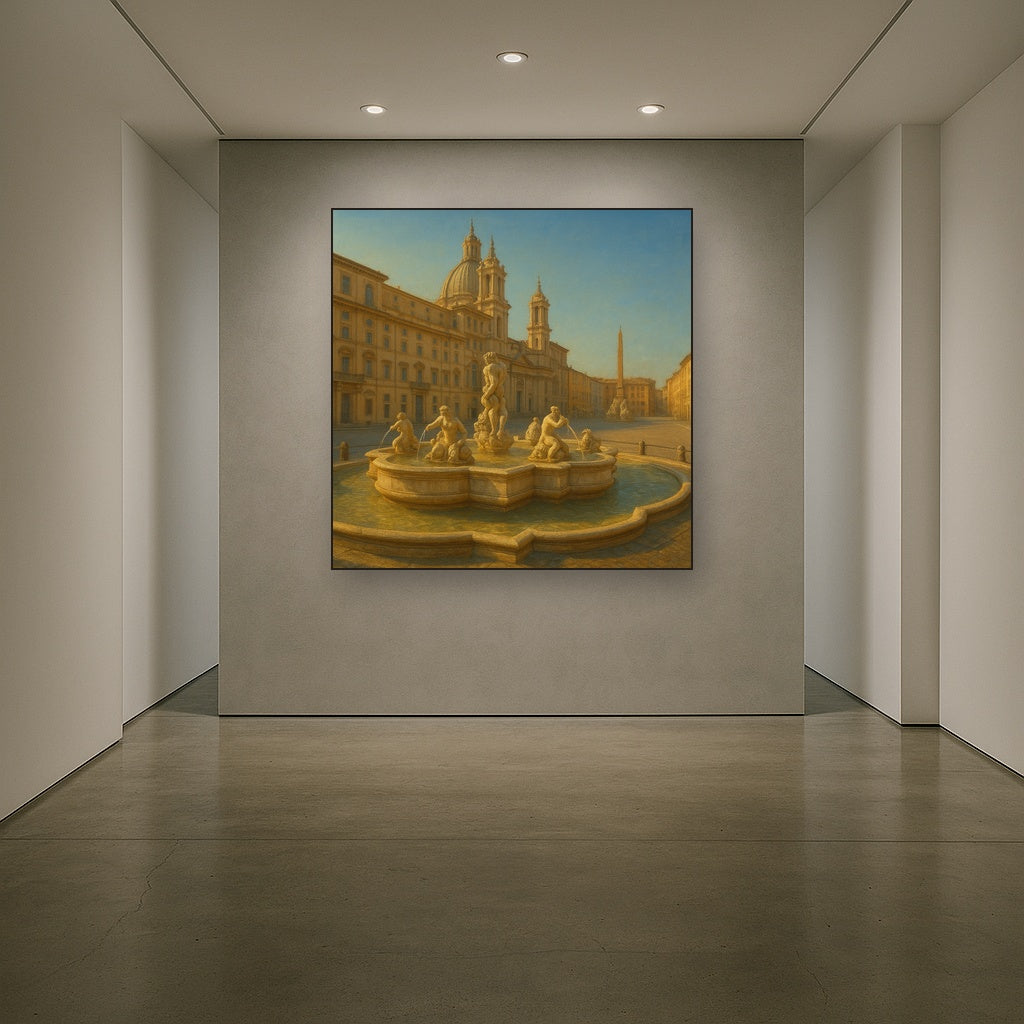 Rome Piazza Fountain in Morning Sunlight No. 28 Oil Painting Staged in Bright Entryway and Hallway Gallery Wall, Hand Painted Fine Art on Linen