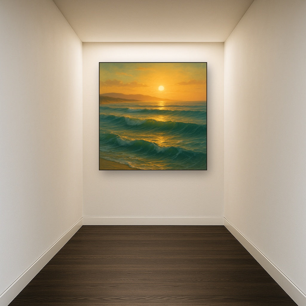 Golden Hour Sunlight on Ocean Swells No. 3 Oil Painting Staged in Bright Entryway and Hallway Gallery Wall, Hand Painted Fine Art on Linen