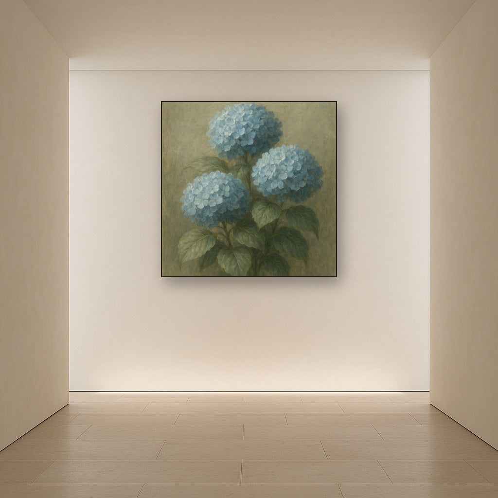 Hydrangea Trio in Dusty Blue & Antiqued Sage Fine Art Oil Painting - View 5
