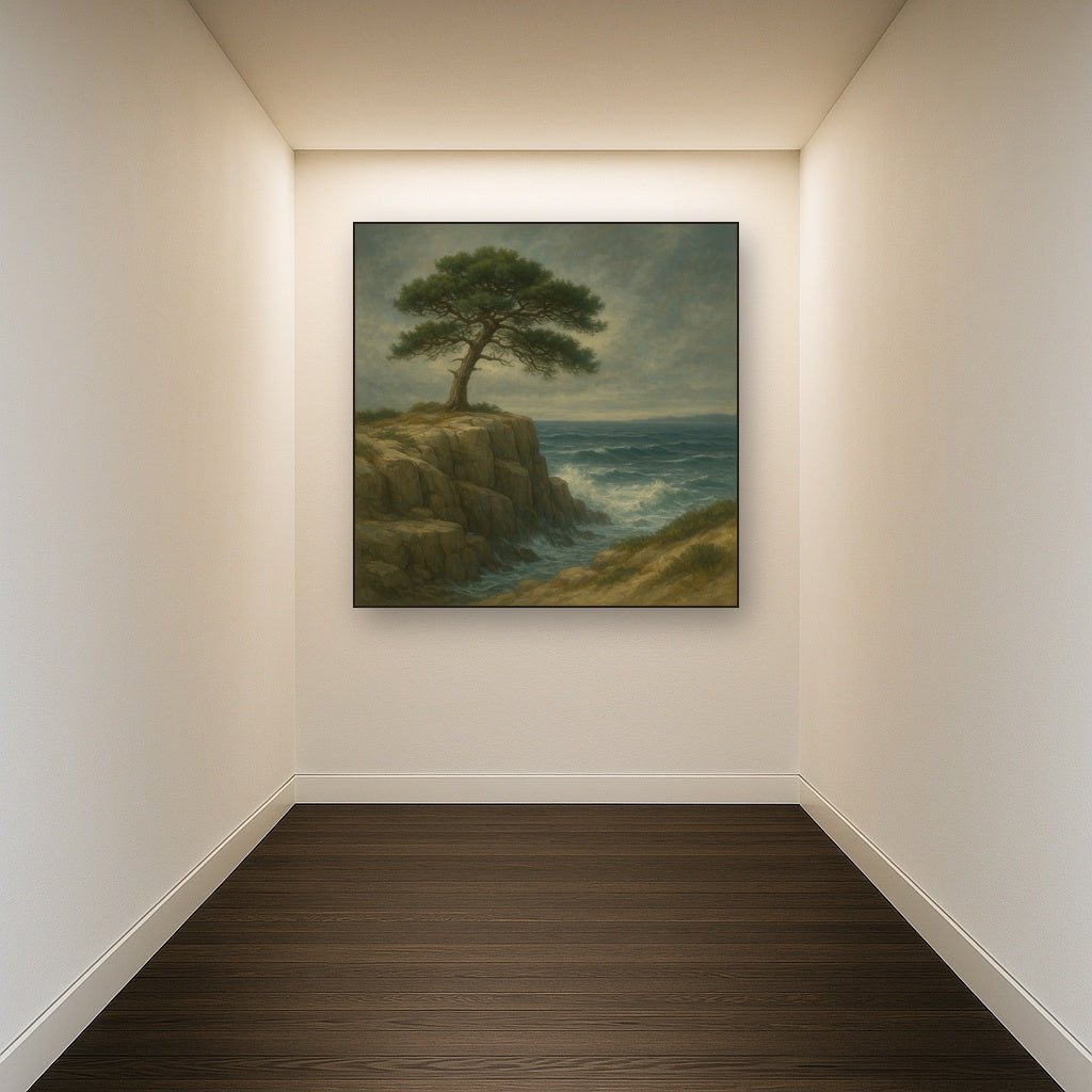 Wild Coastal Pine on Stormy Granite Cliff No. 17 Oil Painting Staged in Bright Entryway and Hallway Gallery Wall, Hand Painted Fine Art on Linen