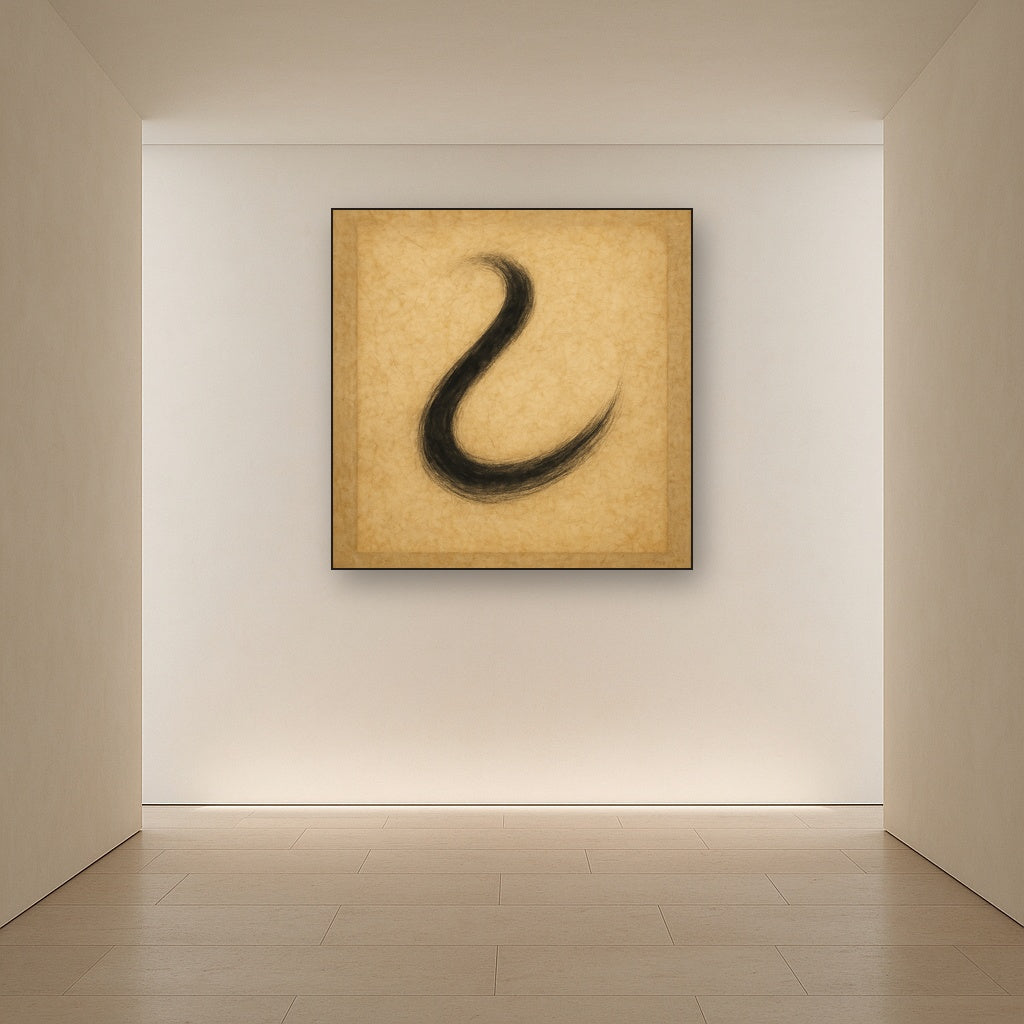 Aged Rice Paper & Charcoal Calligraphic Balance No. 8 Oil Painting Staged in Bright Entryway and Hallway Gallery Wall, Hand Painted Fine Art on Linen