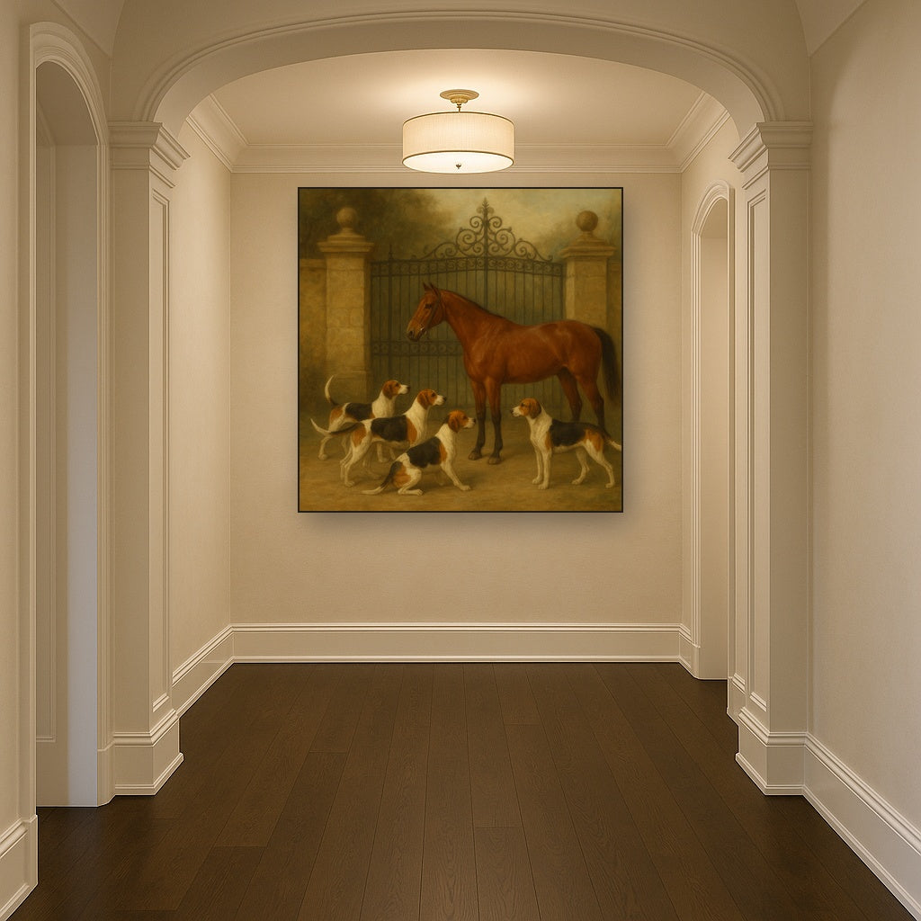 Hunting Hounds & Thoroughbred by Estate Gate No. 19 Oil Painting Staged in Bright Entryway and Hallway Gallery Wall, Hand Painted Fine Art on Linen