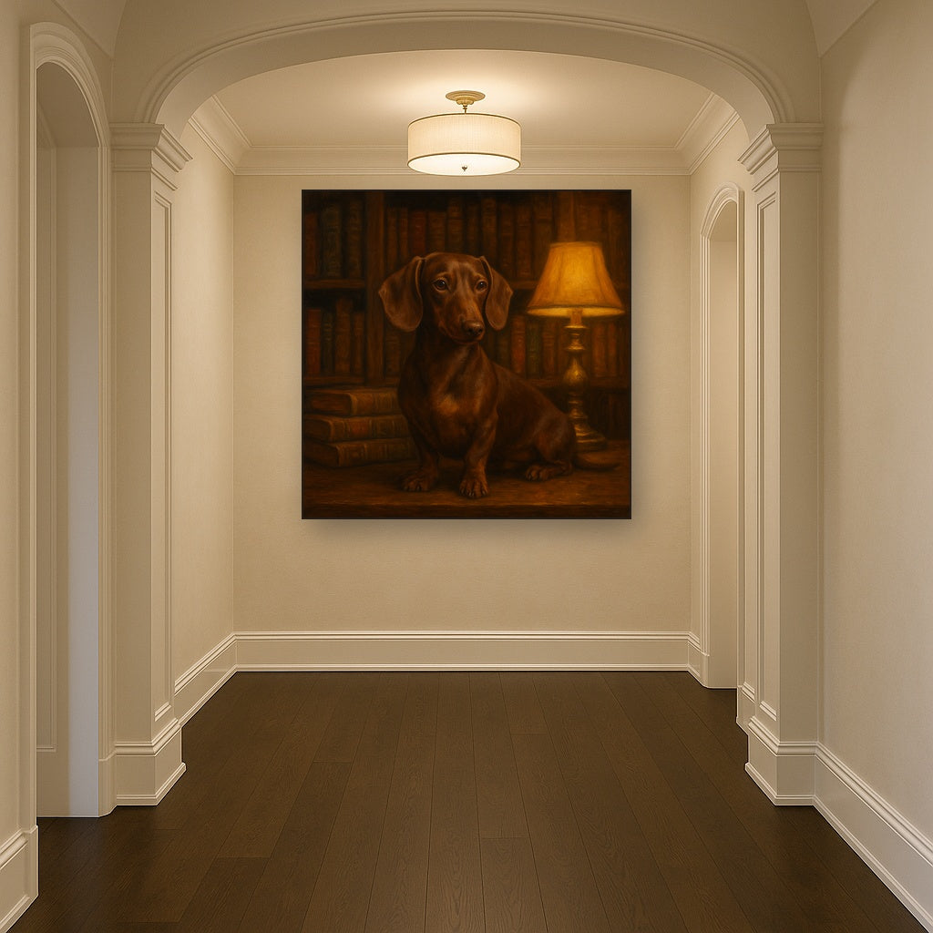 Smooth Dachshund in Moody Library Study No. 5 Fine Art Oil Painting - View 5