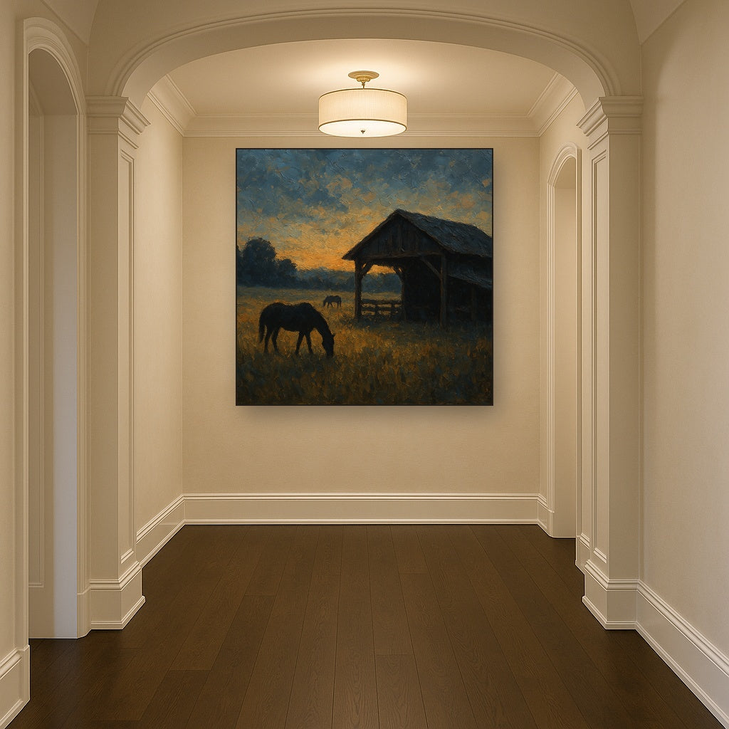 Rustic Equestrian Stable Silhouette No. 3 Oil Painting - Styled in Entryway Hallway