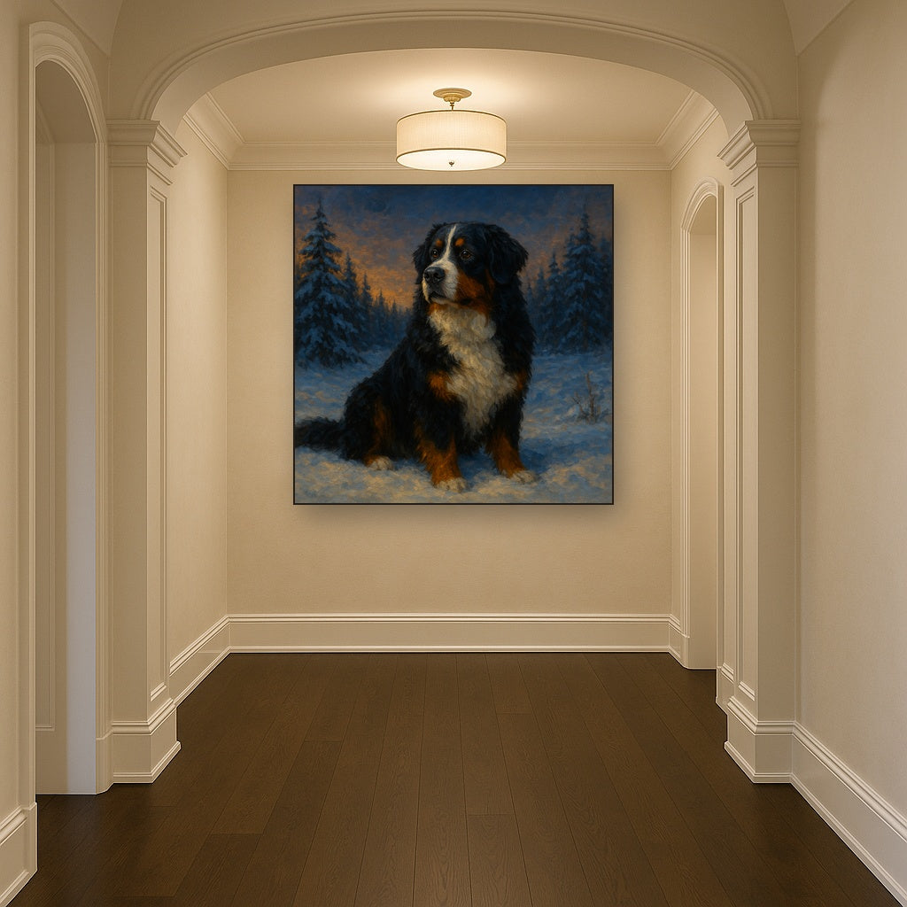 Bernese Mountain Dog in Winter Snowscape No. 6 Fine Art Oil Painting - View 5