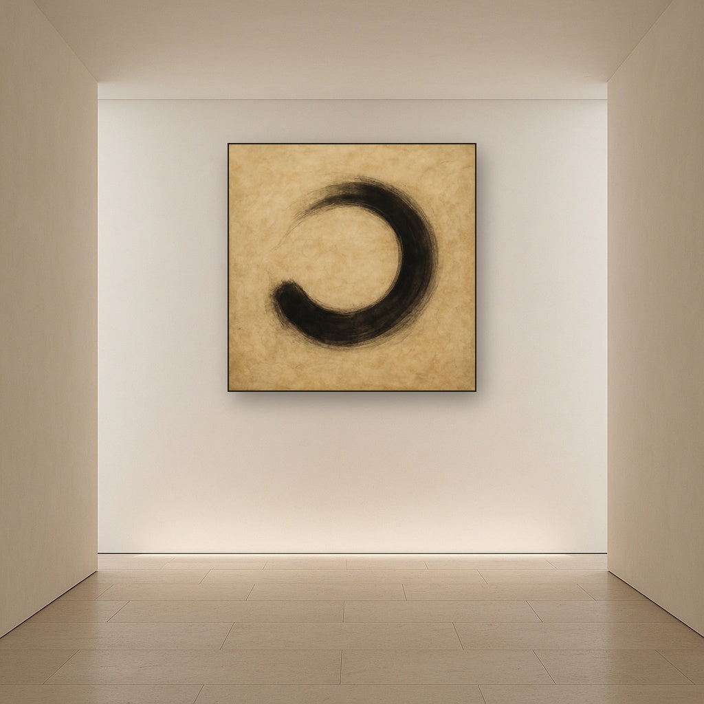 Aged Rice Paper & Charcoal Calligraphic Balance No. 24 Oil Painting Staged in Bright Entryway and Hallway Gallery Wall, Hand Painted Fine Art on Linen