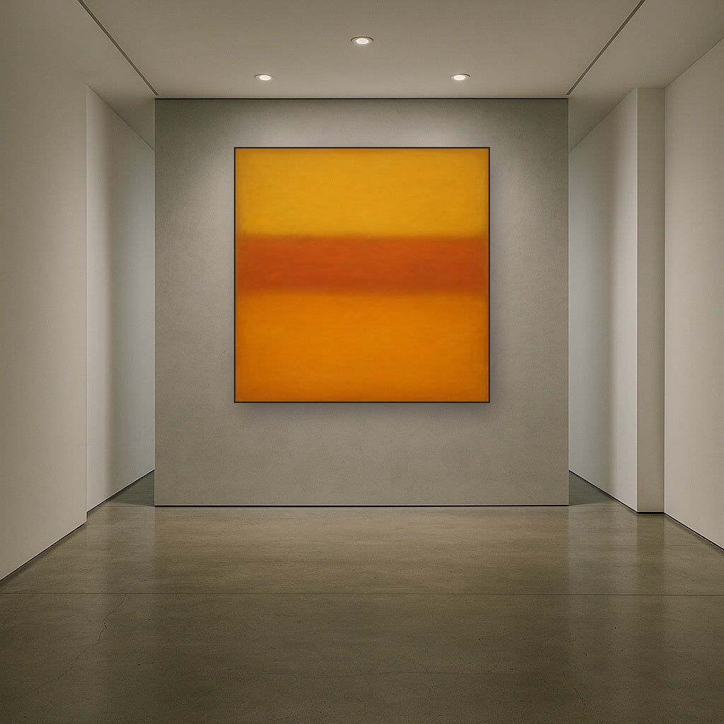 Luminous Ochre & Terracotta Horizon Color Field No. 9 Oil Painting Staged in Bright Entryway and Hallway Gallery Wall, Hand Painted Fine Art on Linen