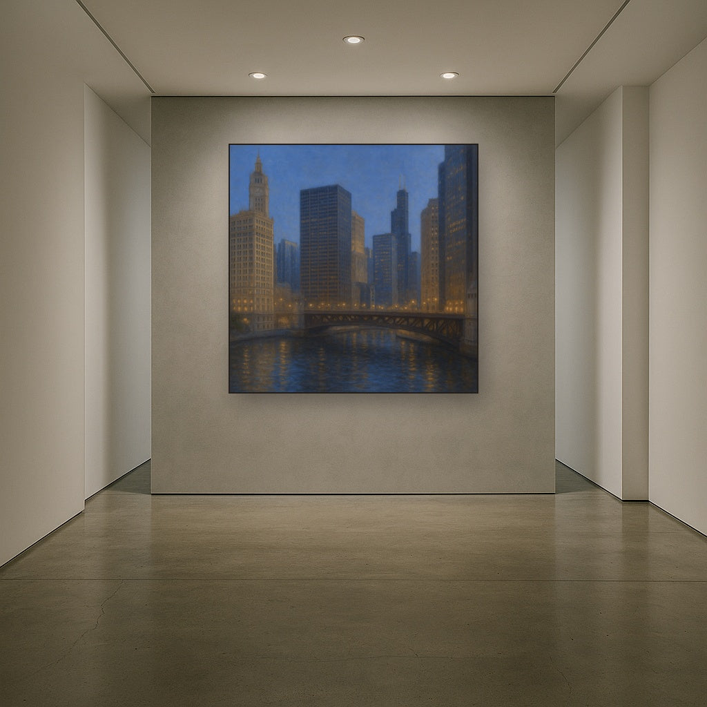 Chicago Riverfront Architecture at Blue Hour No. 21 Oil Painting - View 5