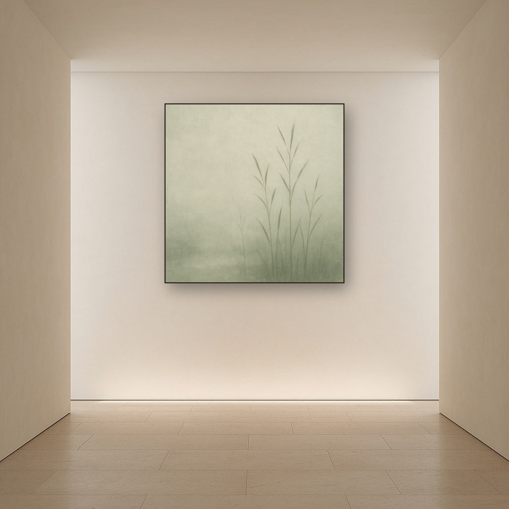 Misty Reed Shallows Minimalist Oil Painting - Styled in Entryway Hallway