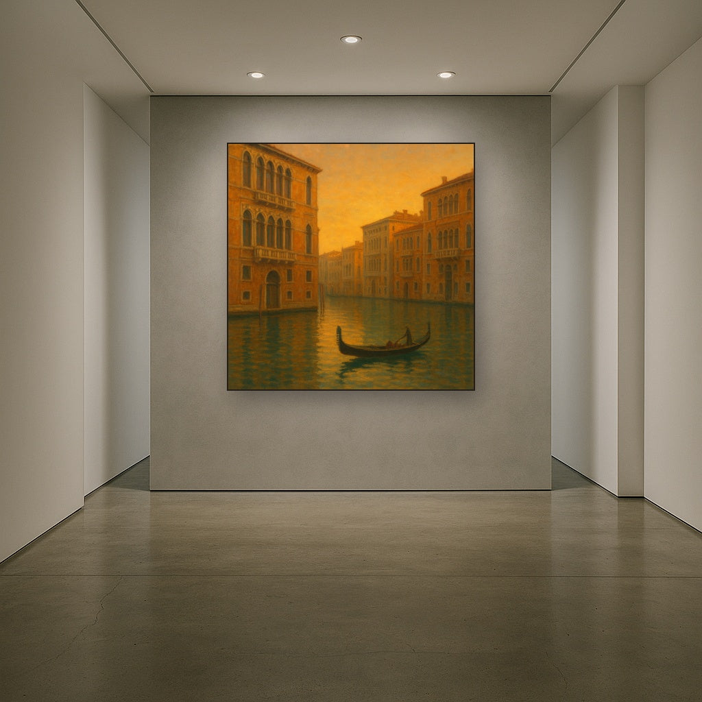 Venetian Canal Palaces at Golden Hour No. 3 Oil Painting Staged in Bright Entryway and Hallway Gallery Wall, Hand Painted Fine Art on Linen