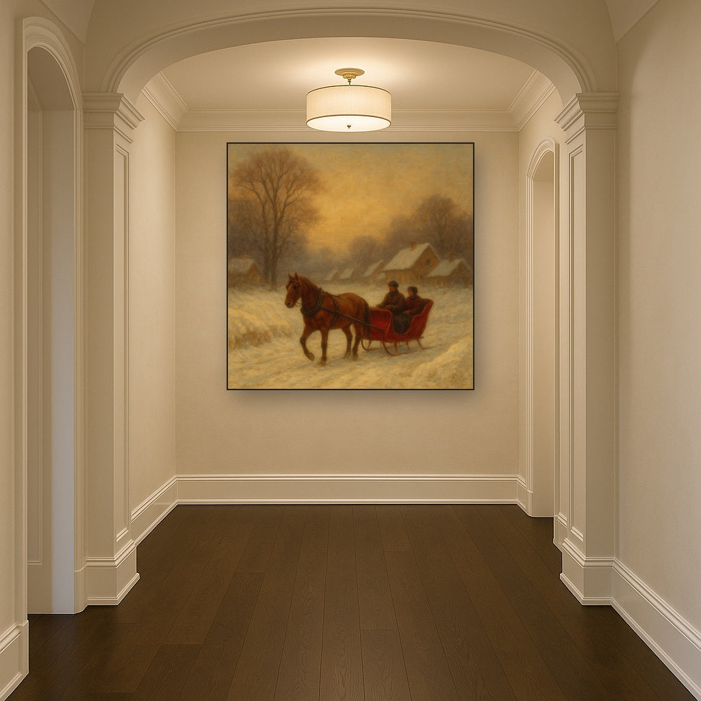 Horse-Drawn Sleigh on Village Snow Road No. 7 Oil Painting - View 5