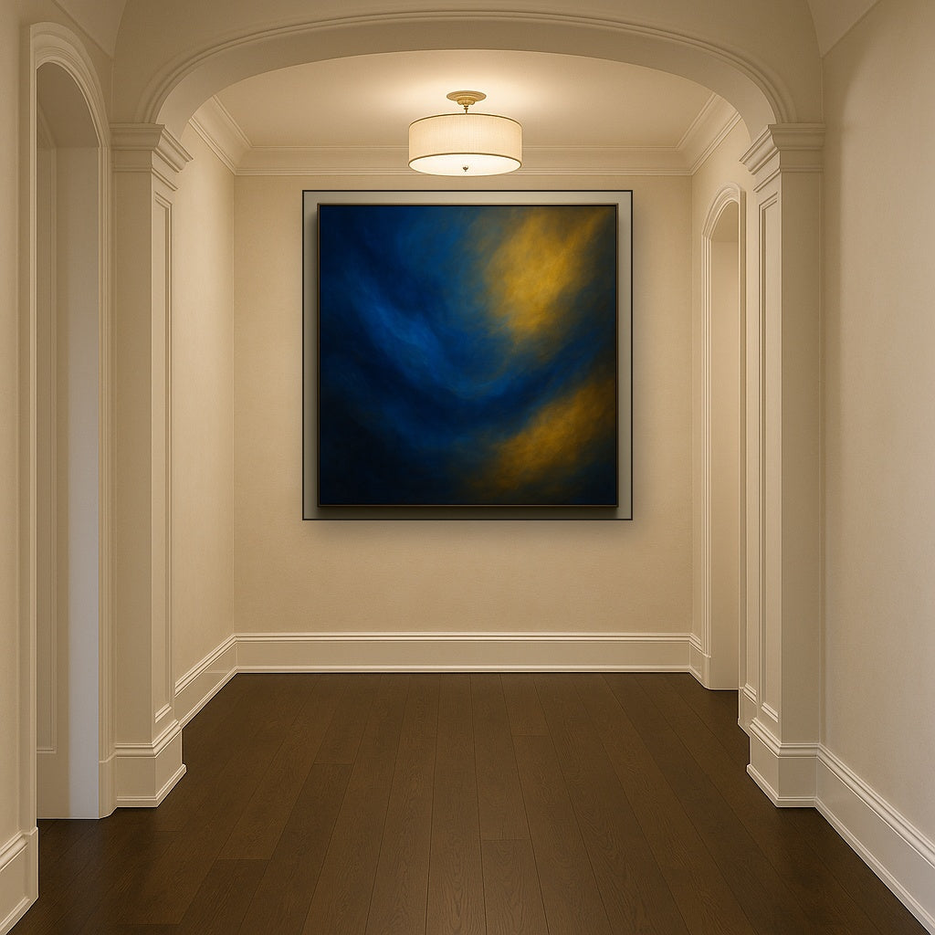 Lapis Lazuli & Golden Ochre Luminous Field No. 2 Oil Painting Staged in Bright Entryway and Hallway Gallery Wall, Hand Painted Fine Art on Linen