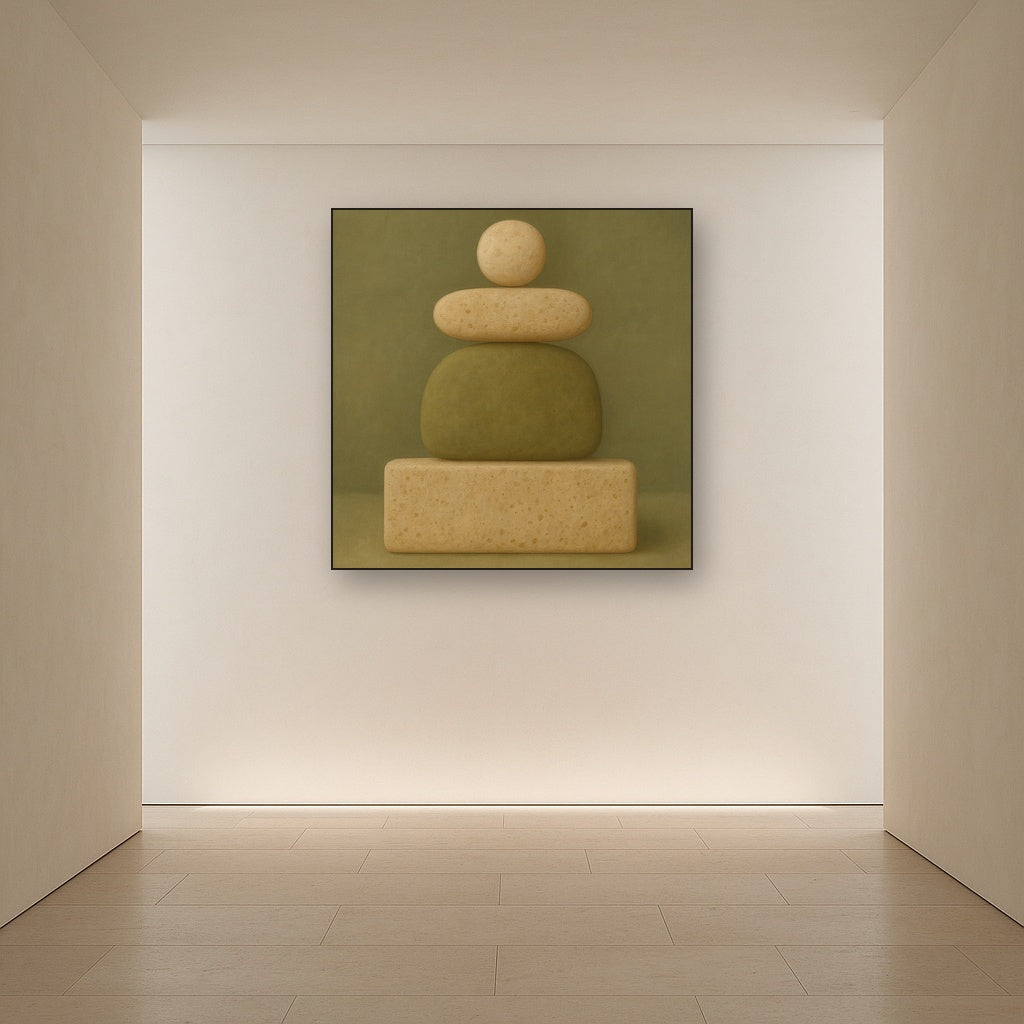 Muted Olive & Sandstone Geometric Balance No. 25 Oil Painting Staged in Bright Entryway and Hallway Gallery Wall, Hand Painted Fine Art on Linen
