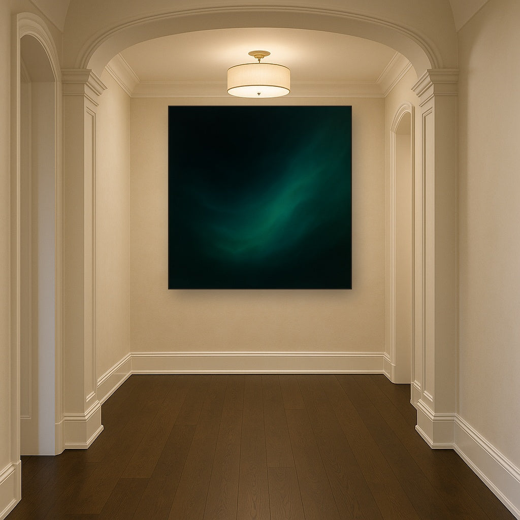 Midnight Teal & Deep Malachite Gradient No. 4 Oil Painting Staged in Bright Entryway and Hallway Gallery Wall, Hand Painted Fine Art on Linen