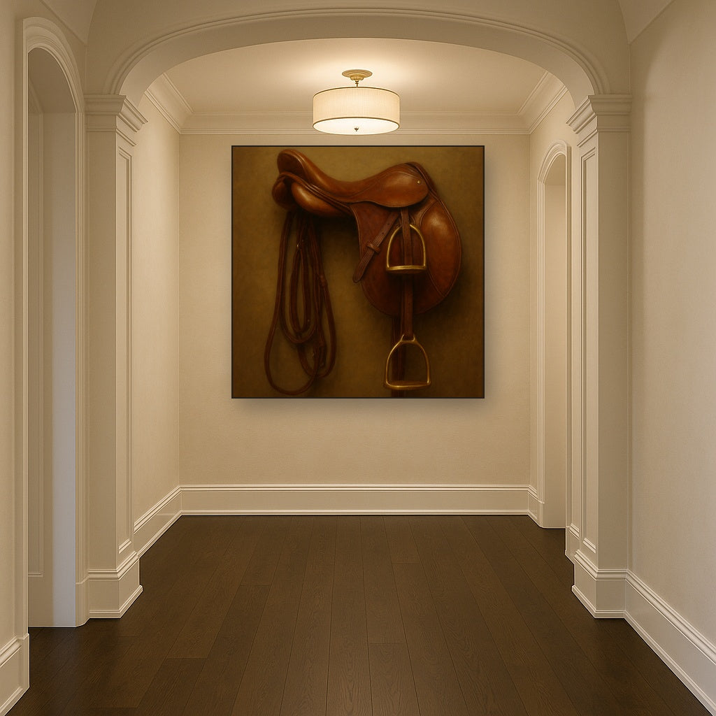 Vintage Bridle & Polished Leather Saddle No. 3 Oil Painting Staged in Bright Entryway and Hallway Gallery Wall, Hand Painted Fine Art on Linen