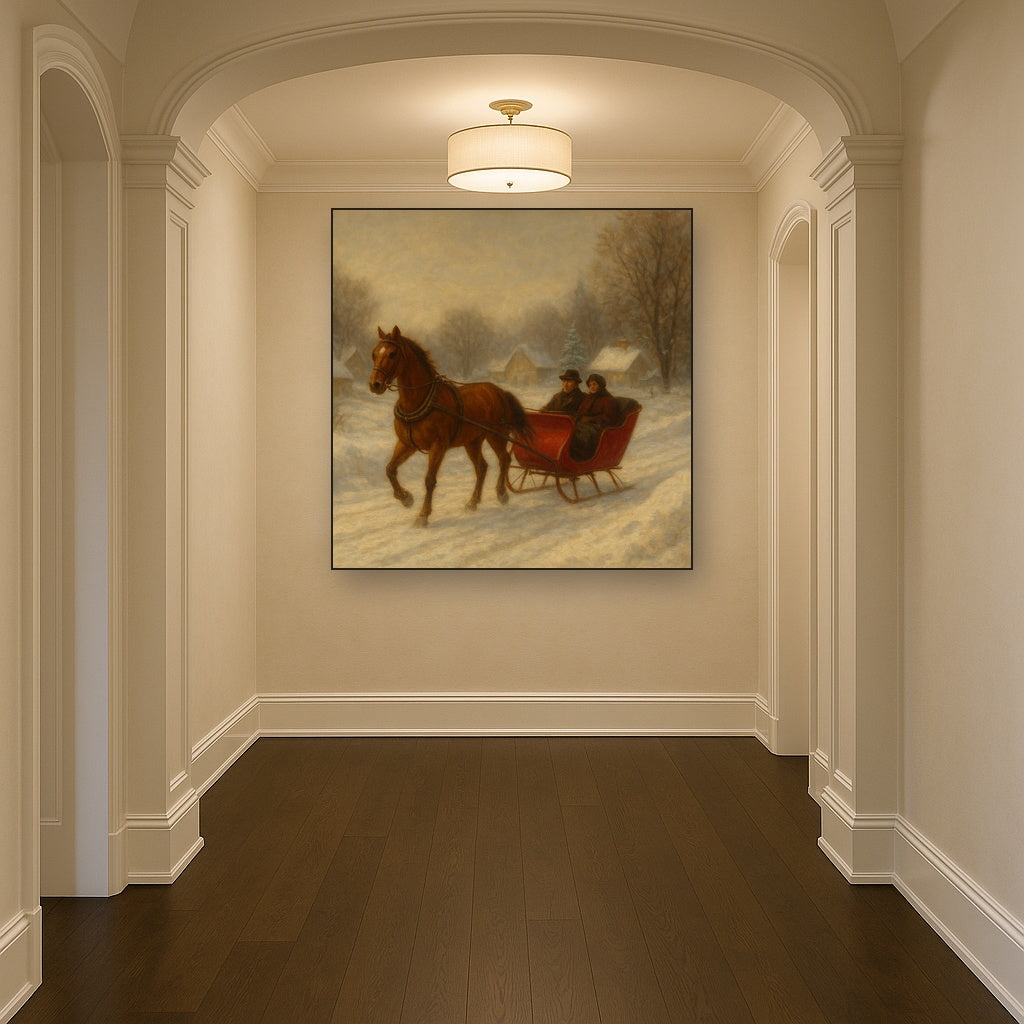 Horse-Drawn Sleigh on Village Snow Road No. 3 Oil Painting - View 5