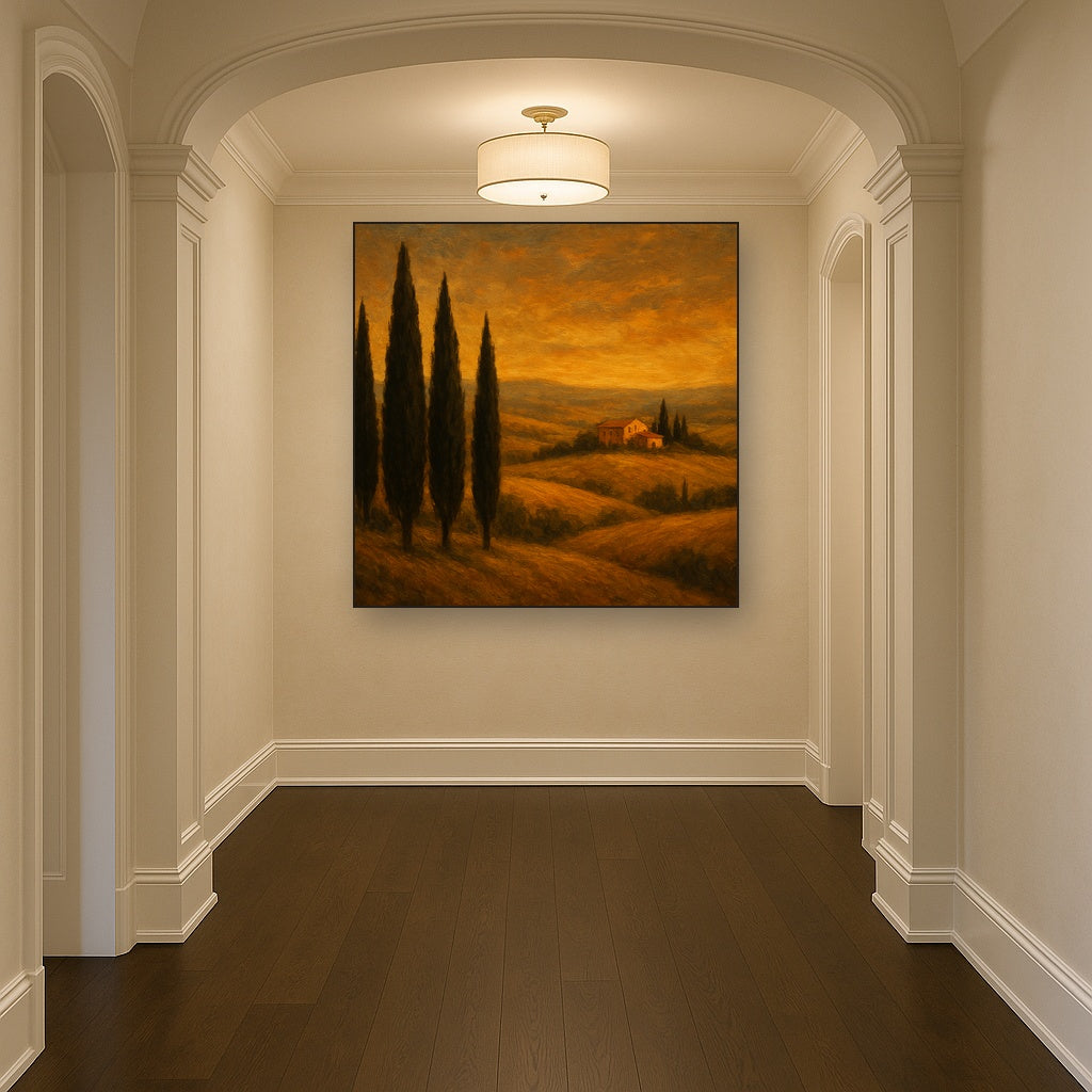 Tuscan Hillside Cypress Landscape Oil Painting - Styled in Entryway Hallway
