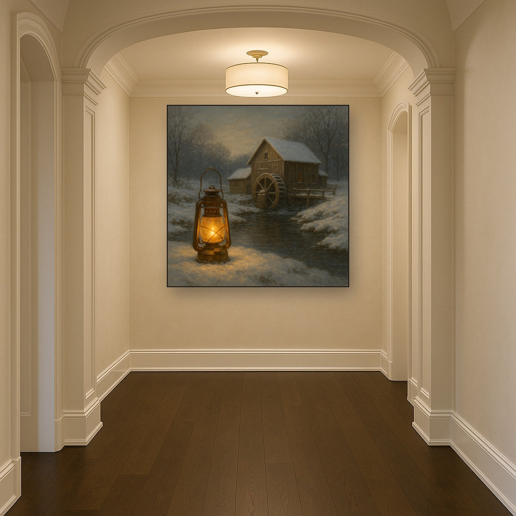 Snowy Mill Stream & Glowing Lantern No. 10 Oil Painting - View 5