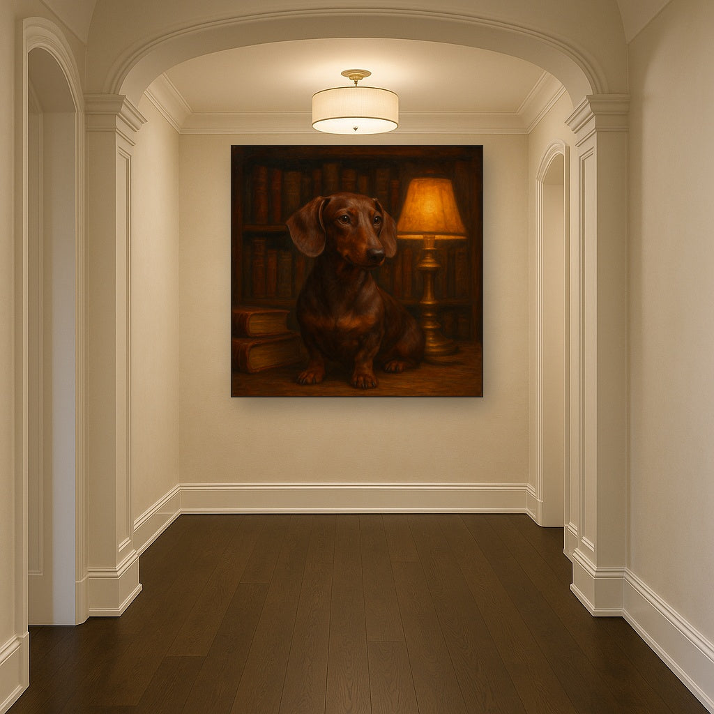 Smooth Dachshund in Moody Library Study Fine Art Oil Painting - View 5