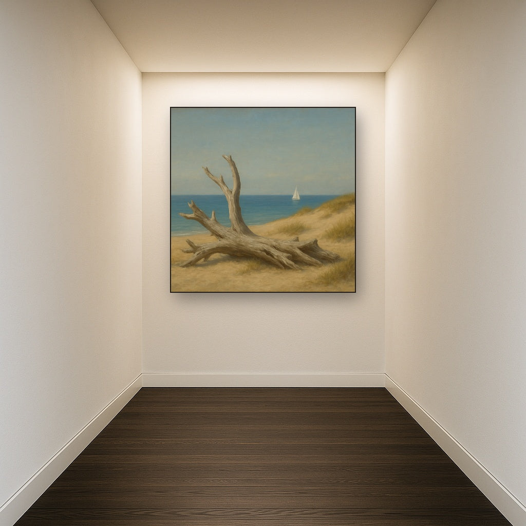 Sun-Bleached Driftwood & Distant Sailboat No. 15 Oil Painting Staged in Bright Entryway and Hallway Gallery Wall, Hand Painted Fine Art on Linen