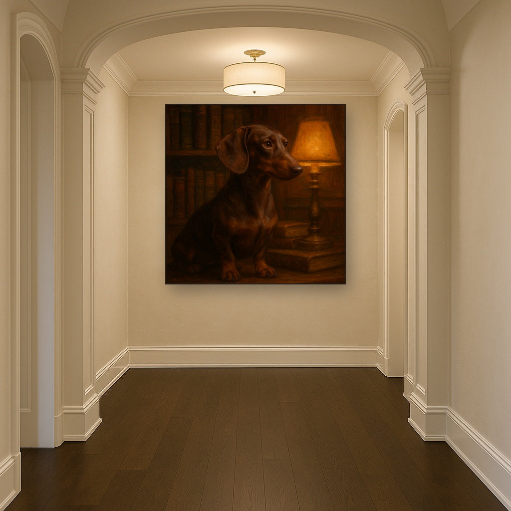 Smooth Dachshund in Moody Library Study No. 11 Fine Art Oil Painting - View 5