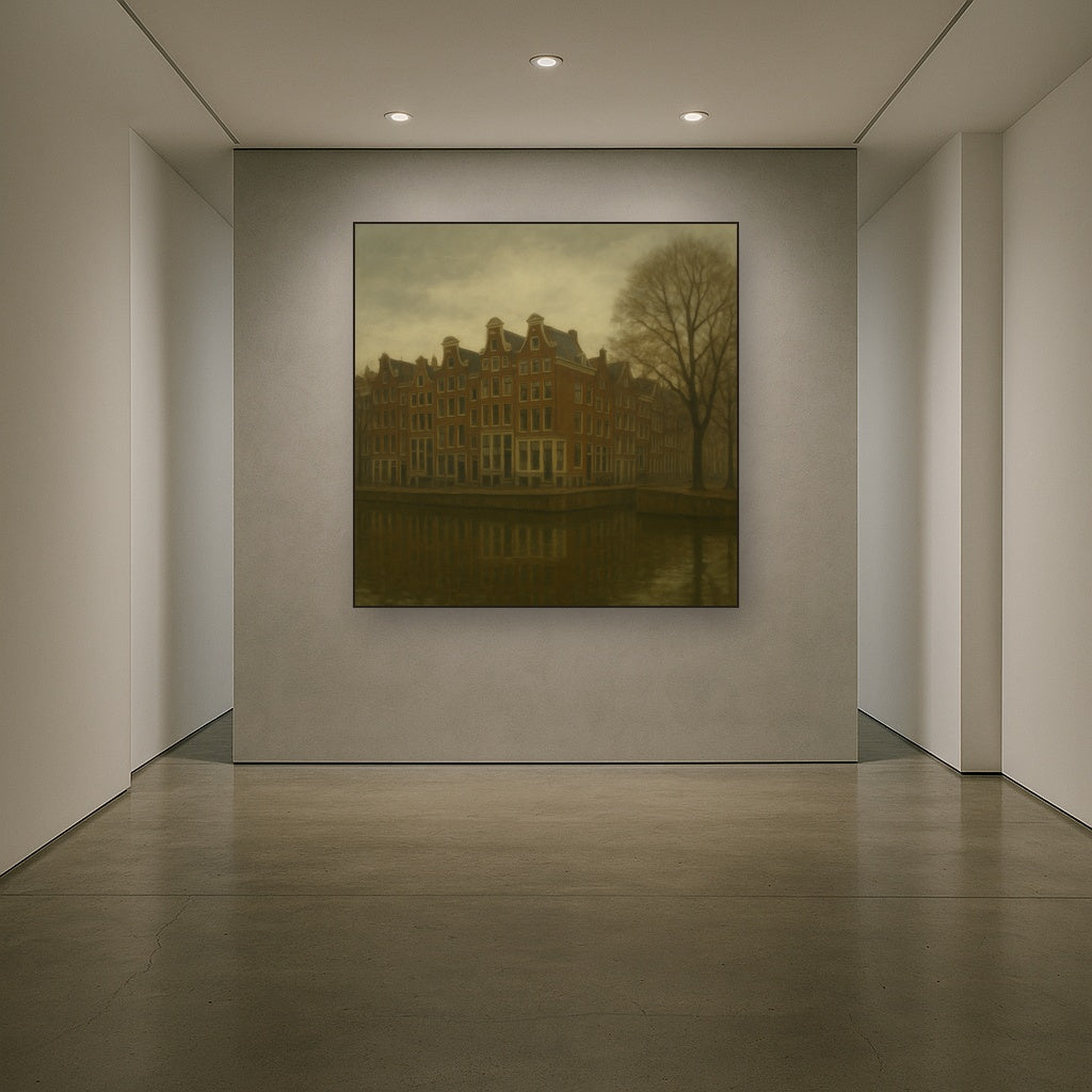 Amsterdam Canal Houses Under Overcast Sky No. 30 Oil Painting Staged in Bright Entryway and Hallway Gallery Wall, Hand Painted Fine Art on Linen