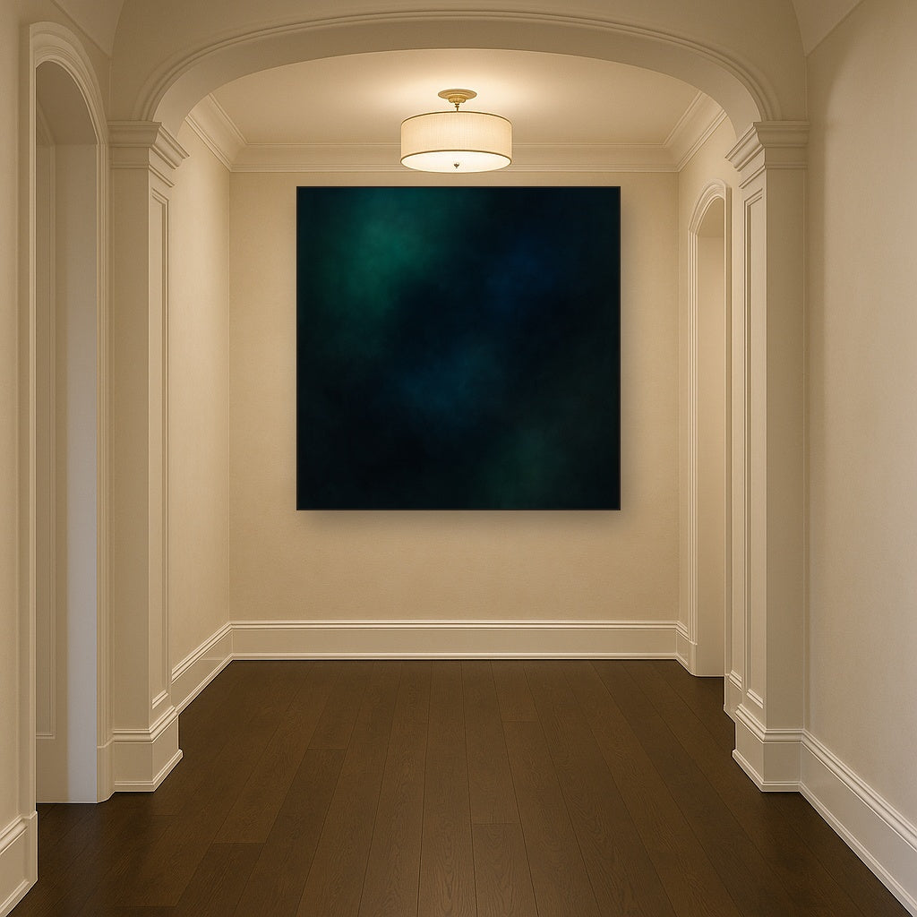 Emerald & Midnight Sapphire Sfumato Immersion No. 13 Oil Painting Staged in Bright Entryway and Hallway Gallery Wall, Hand Painted Fine Art on Linen