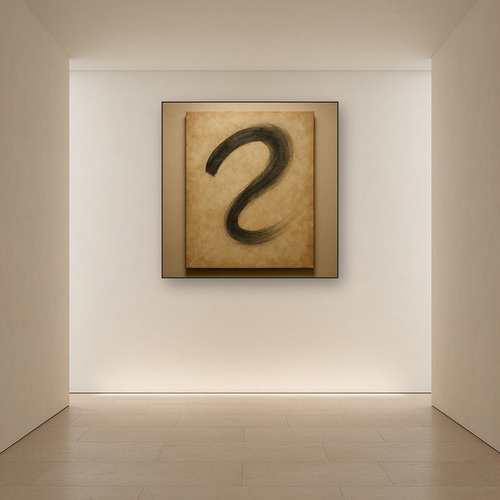 Aged Rice Paper & Charcoal Calligraphic Balance No. 19 Oil Painting Staged in Bright Entryway and Hallway Gallery Wall, Hand Painted Fine Art on Linen