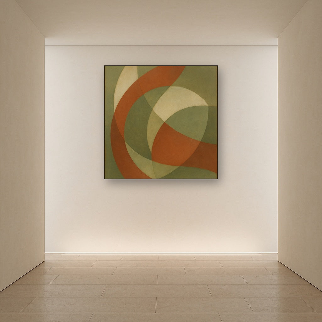 Intersecting Curved Forms in Olive & Rust No. 25 Oil Painting Staged in Bright Entryway and Hallway Gallery Wall, Hand Painted Fine Art on Linen
