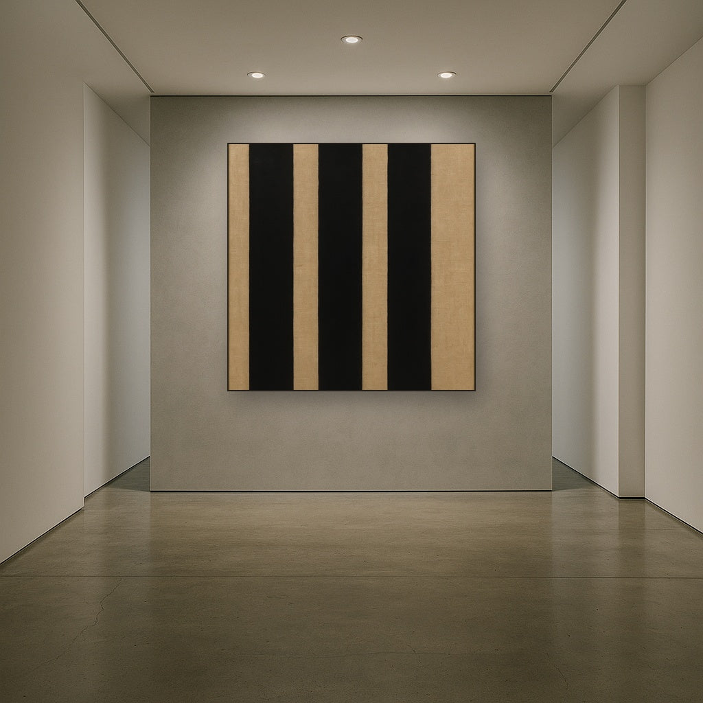 Minimalist Black Stripe & Raw Linen Rhythm No. 4 Fine Art Oil Painting - View 5