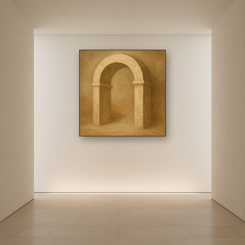 Travertine Stone Arch & Earth Tones No. 3 Oil Painting Staged in Bright Entryway and Hallway Gallery Wall, Hand Painted Fine Art on Linen
