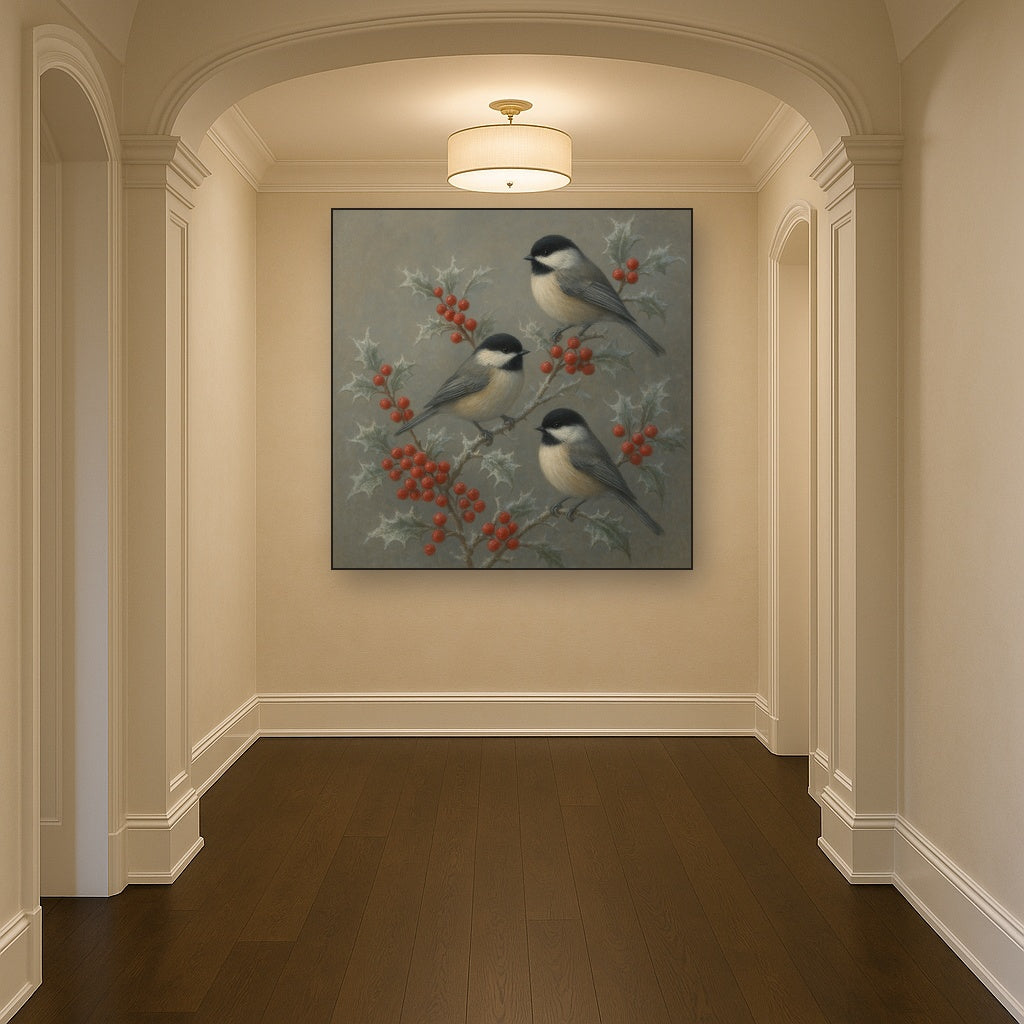 Winter Birds on Frosty Red Berry Branch No. 2 Oil Painting - View 5