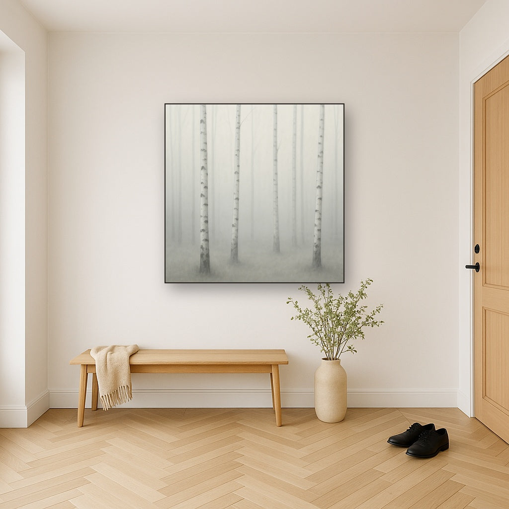 Pale Birch Woodland Silhouette in Whiteout No. 19 Oil Painting Staged in Bright Entryway and Hallway Gallery Wall, Hand Painted Fine Art on Linen