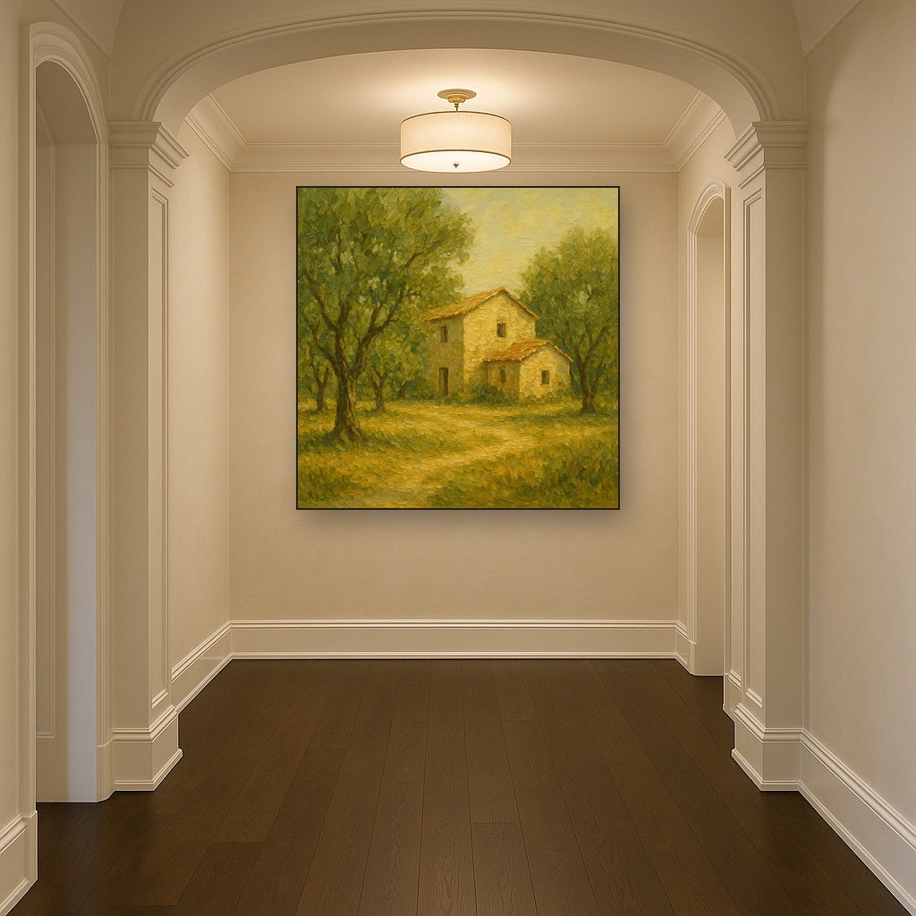Vintage Olive Grove & Stone Farmhouse No. 5 Oil Painting - Styled in Entryway Hallway