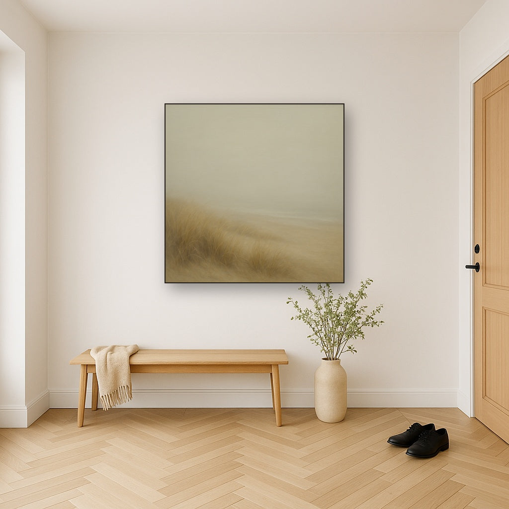 Silent Dune Grass in November Sea Fog No. 25 Oil Painting Staged in Bright Entryway and Hallway Gallery Wall, Hand Painted Fine Art on Linen