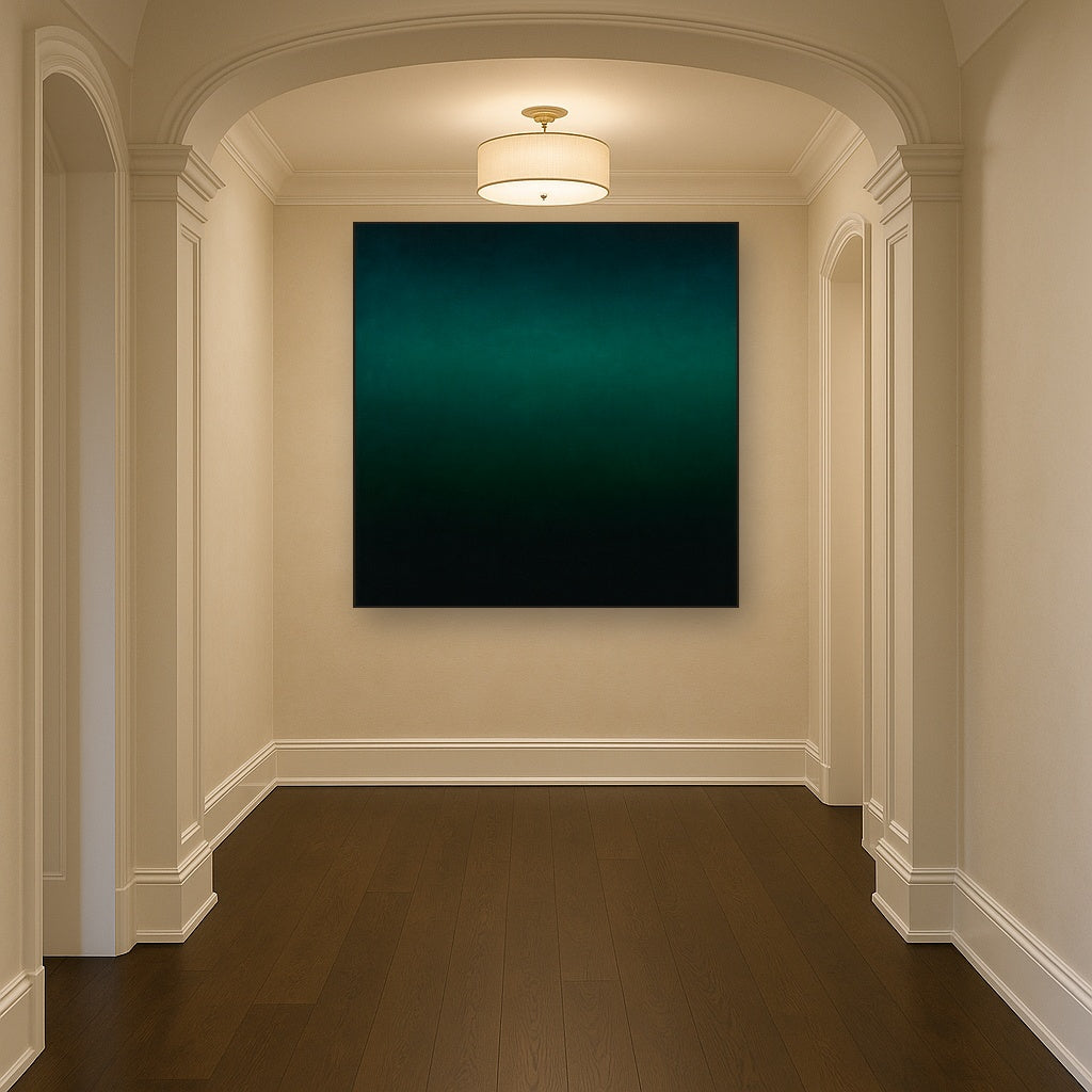 Midnight Teal & Deep Malachite Gradient No. 17 Oil Painting Staged in Bright Entryway and Hallway Gallery Wall, Hand Painted Fine Art on Linen