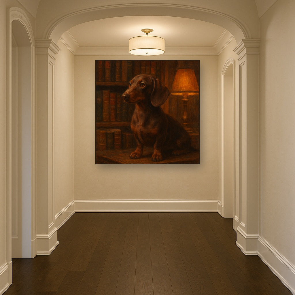 Smooth Dachshund in Moody Library Study No. 16 Fine Art Oil Painting - View 5